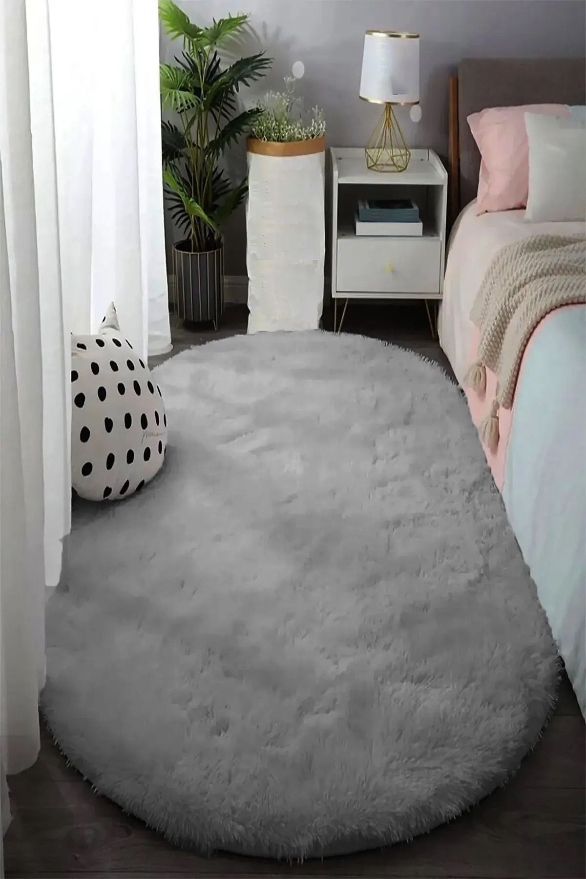 Oval Kesme Yolluk Kaymaz Taban Kalın Yumuşak Peluş Halı Özel Taban Açık Gri