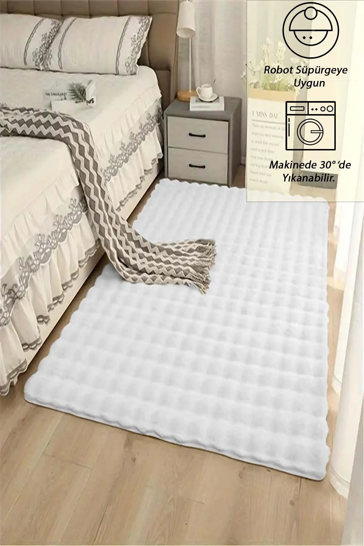 Eco Beyaz Yumuşak Kesme Yolluk Kaymaz Taban Yumuşak Peluş Halı