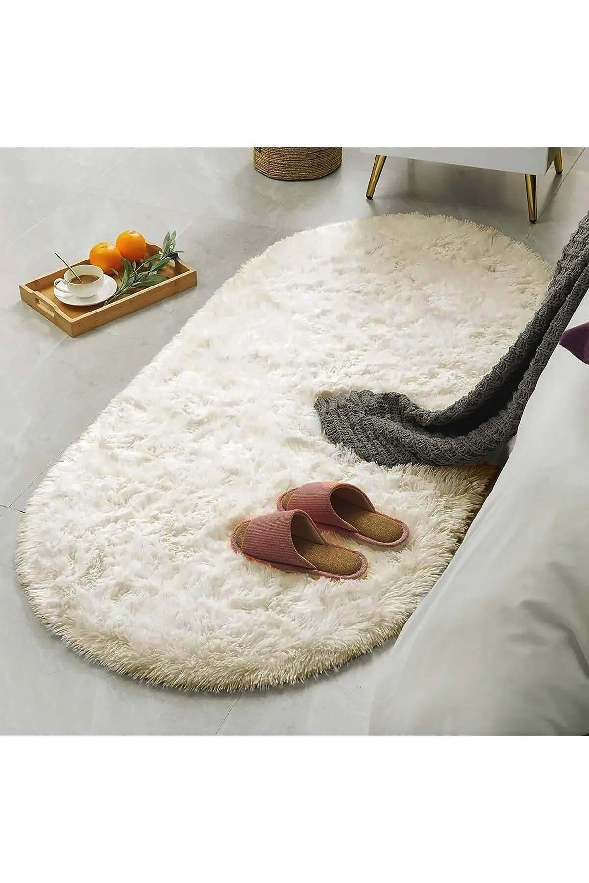 Oval Kesme Yolluk Kaymaz Taban Kalın Yumuşak Peluş Halı Özel Taban Krem