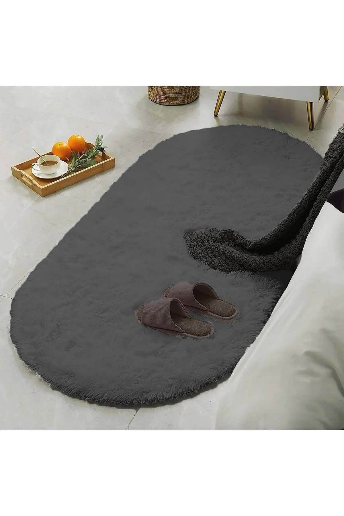 Oval Kesme Yolluk Kaymaz Taban Kalın Yumuşak Peluş Halı Özel Taban Koyu Gri