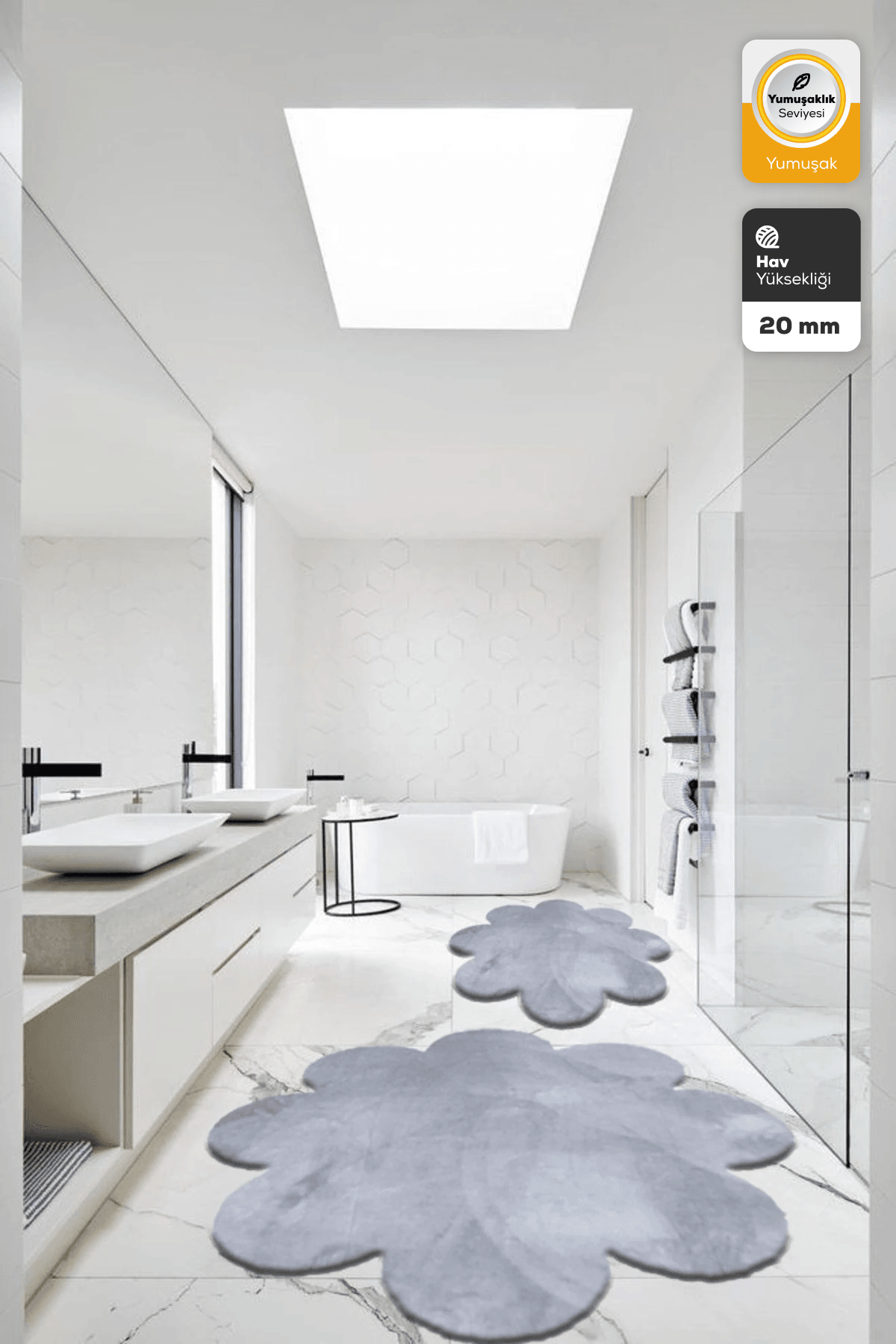 2'li Açık Gri Banyo Halısı Peluş Post Halı Klozet Takımı 60x60(papatya) Ve 80x80(papatya)