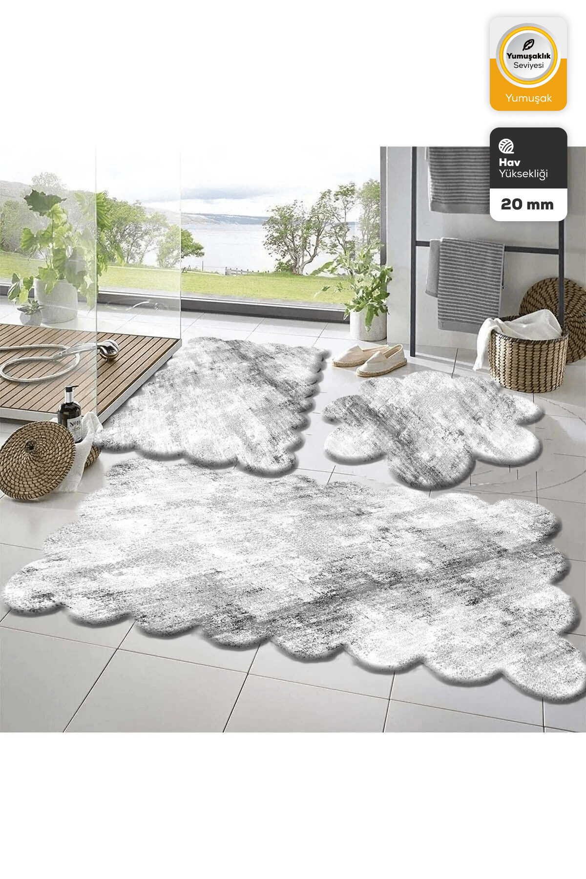 3'Lü Set Kaymaz Taban Banyo Paspası Halısı 50x50 (yuvarlak papatya ) --50x60(LAZER)- -60x100 (LAZER)
