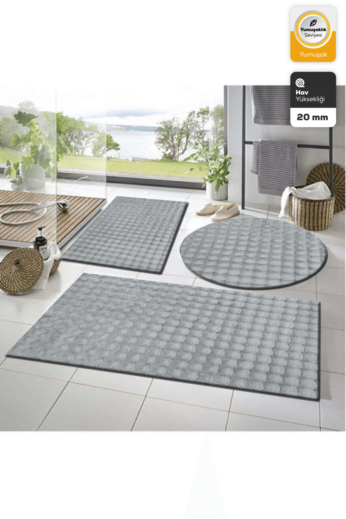 Balat Hal 3'lü Kaymaz Taban Bubble Peluş Banyo Paspası Açık Gri 50x50(YUVARLAK)-50x60 Ve 50x90