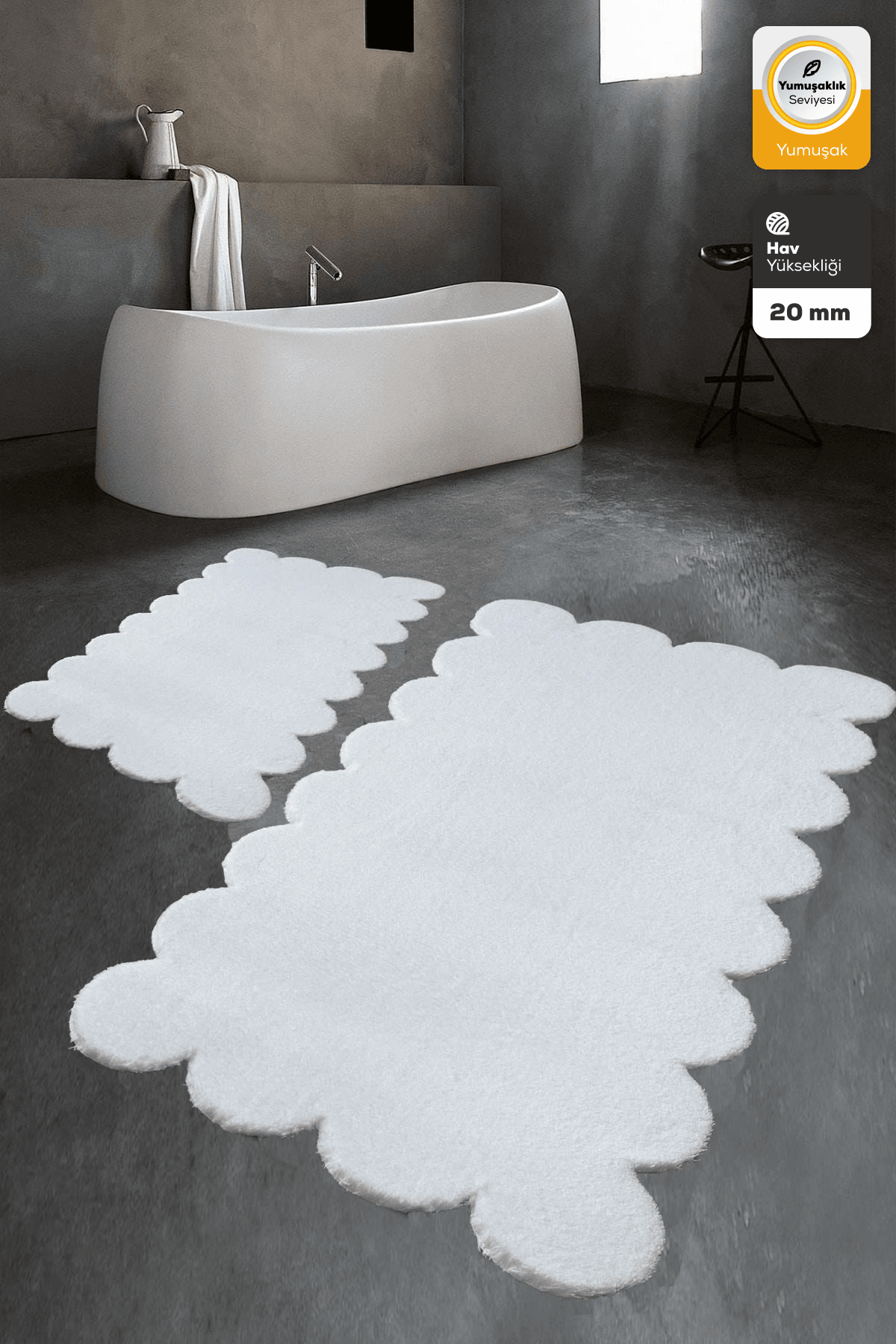 Lazer Kesim Beyaz Peluş Halı Banyo Paspası 2'li