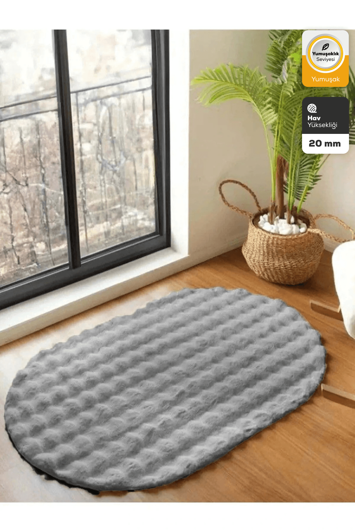 Açık Gri Yumuşak Bubble Kaymaz Özel Taban Oval Peluş Halı Yolluk