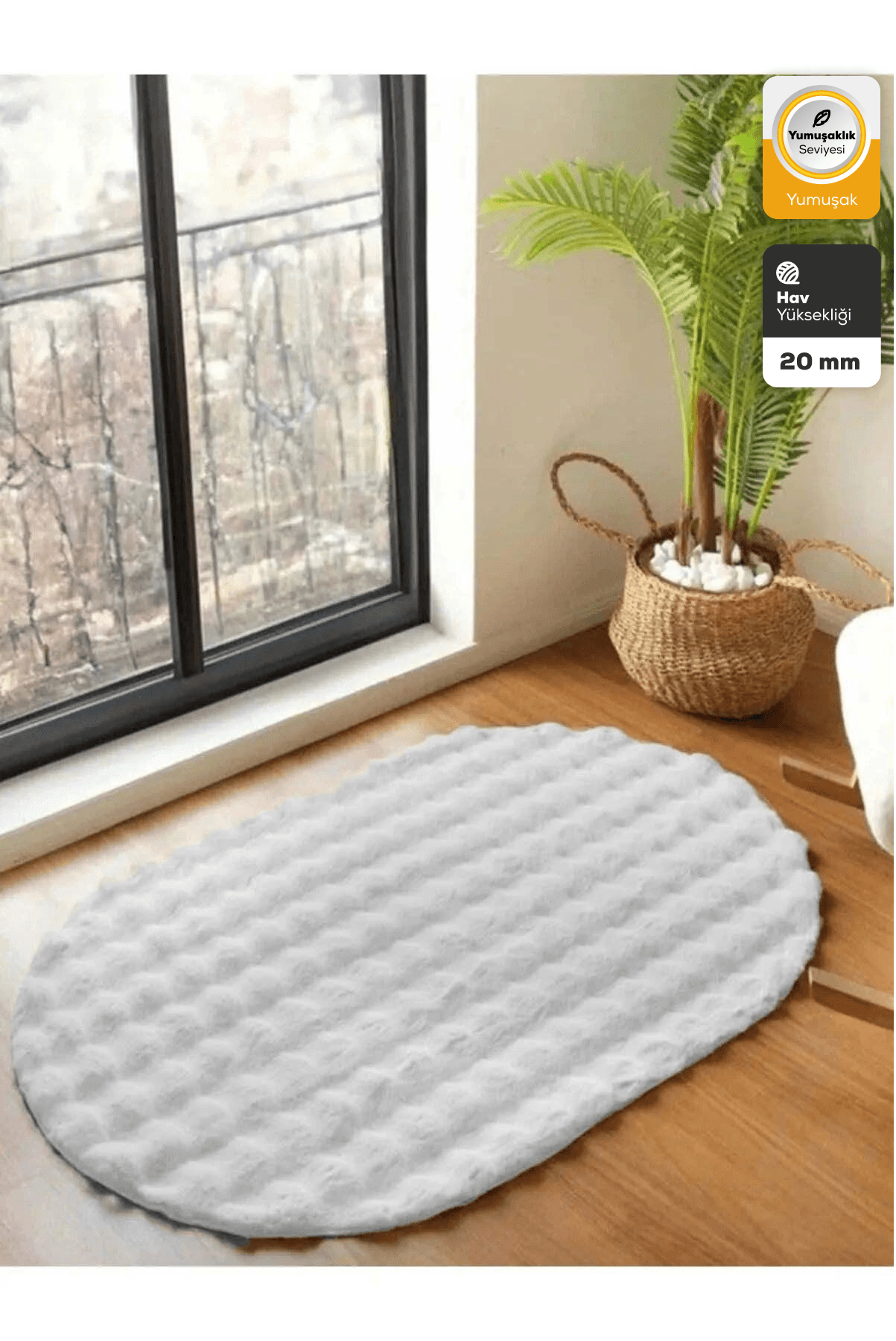 Beyaz Yumuşak Bubble Kaymaz Özel Taban Oval Peluş Halı Yolluk