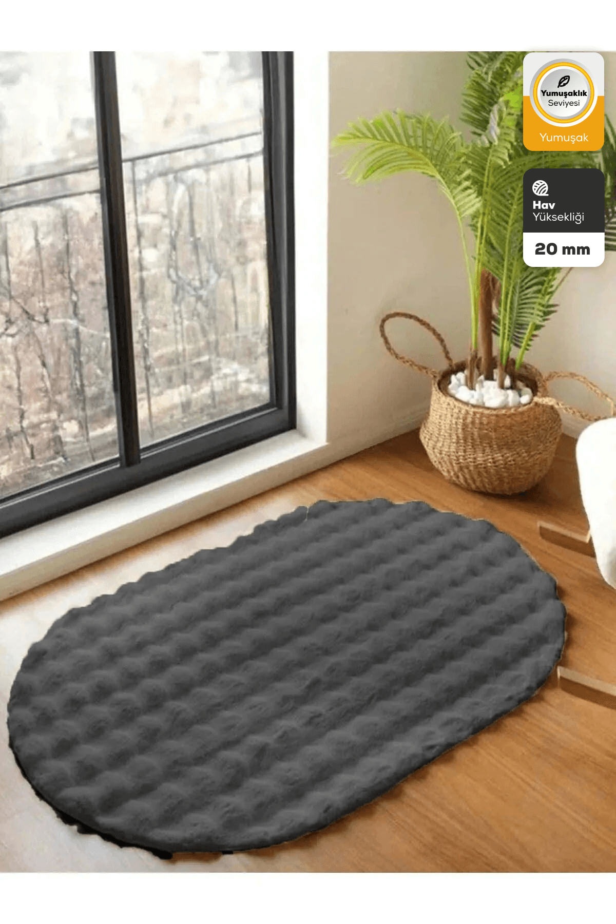 Koyu Gri Yumuşak Bubble Kaymaz Özel Taban Oval Peluş Halı Yolluk