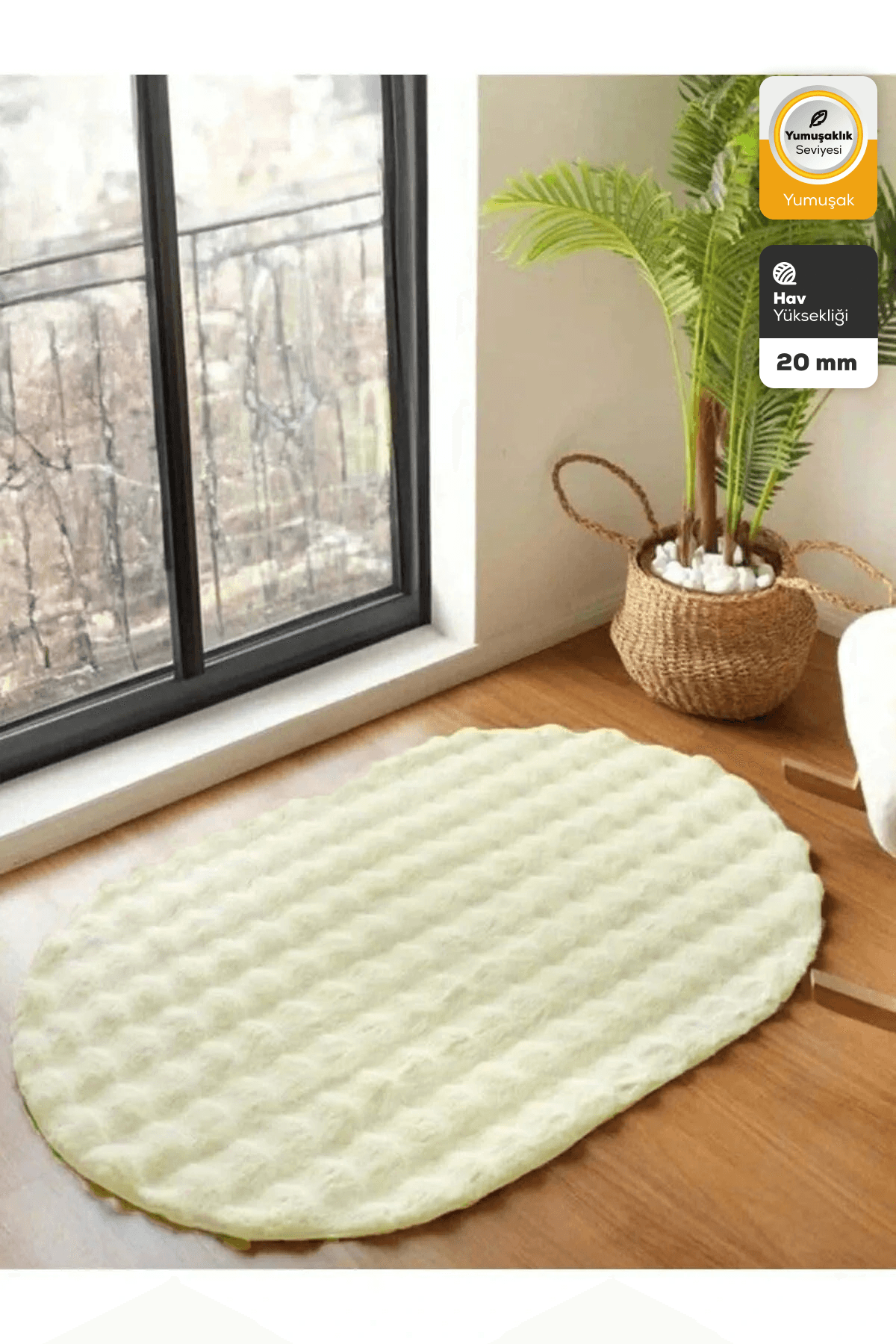 Krem Yumuşak Bubble Kaymaz Özel Taban Oval Peluş Halı Yolluk