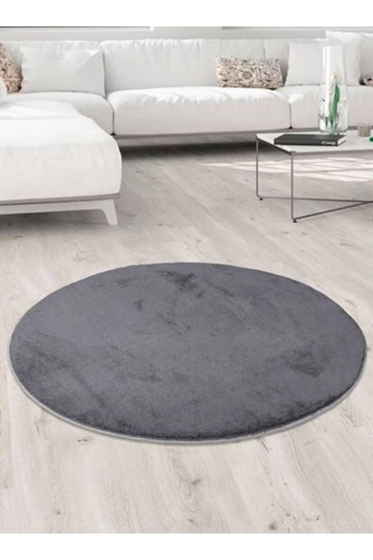 Yıkanabilir Kaymaz Taban Yuvarlak Peluş Halı Koyu Gri