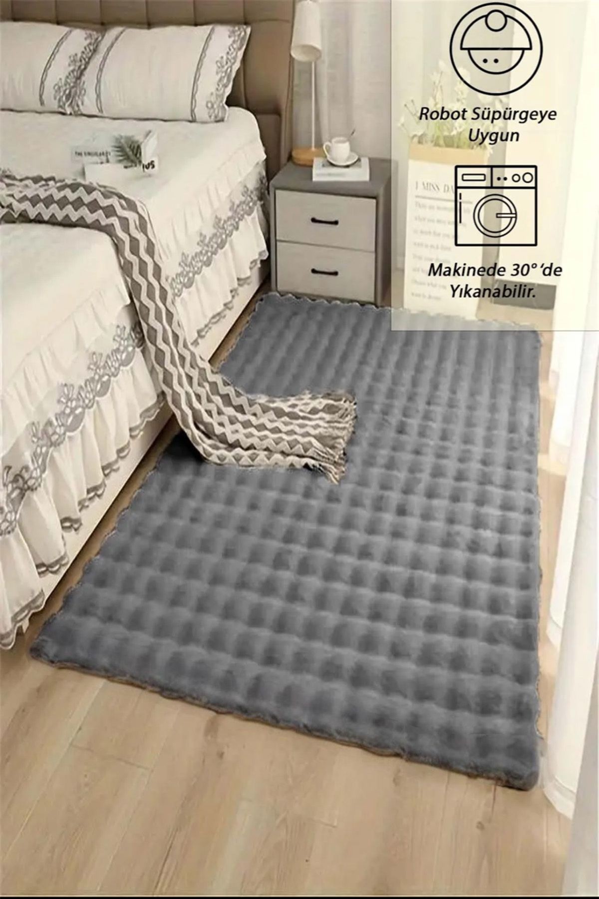 Koyu Gri Yumuşak Bubble Kaymaz Özel Taban Peluş Halı Yolluk