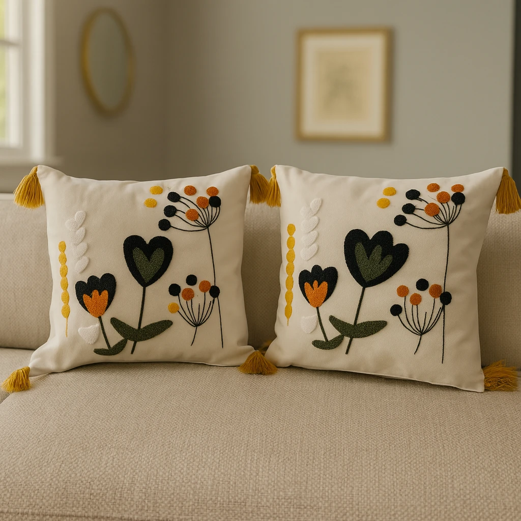 2 Adet Set Saçaklı Yumuşak Punch İşlemeli Kırlent Yastık Kılıfı Terletmez (2 Adet 43x43) - Yaprak model3