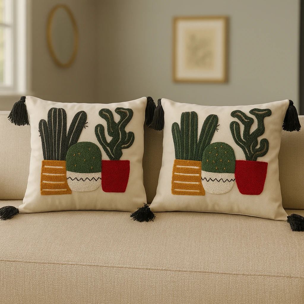 2 Adet Set Saçaklı Yumuşak Punch İşlemeli Kırlent Yastık Kılıfı Terletmez (2 Adet 43x43) - kaktüs model2