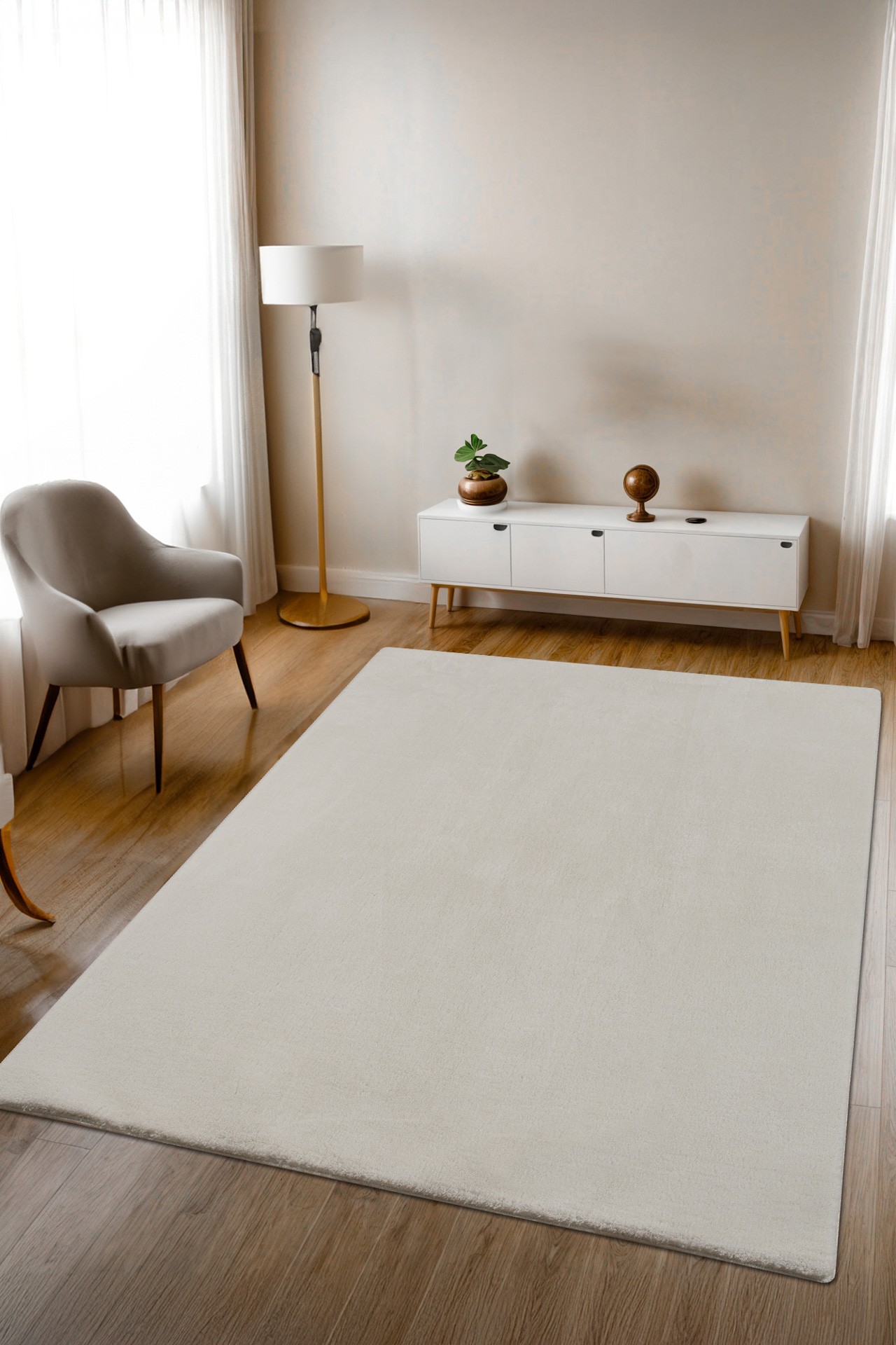 Krem Yumuşak  Kaymaz Özel Taban Peluş Halı Yolluk