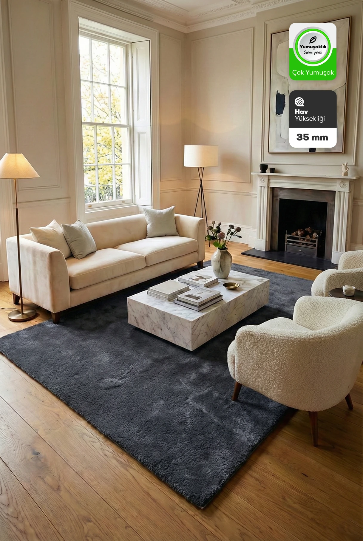 Antrasit Tavşan Tüyü Yumuşak Kaymaz Özel Taban Peluş Halı Yolluk