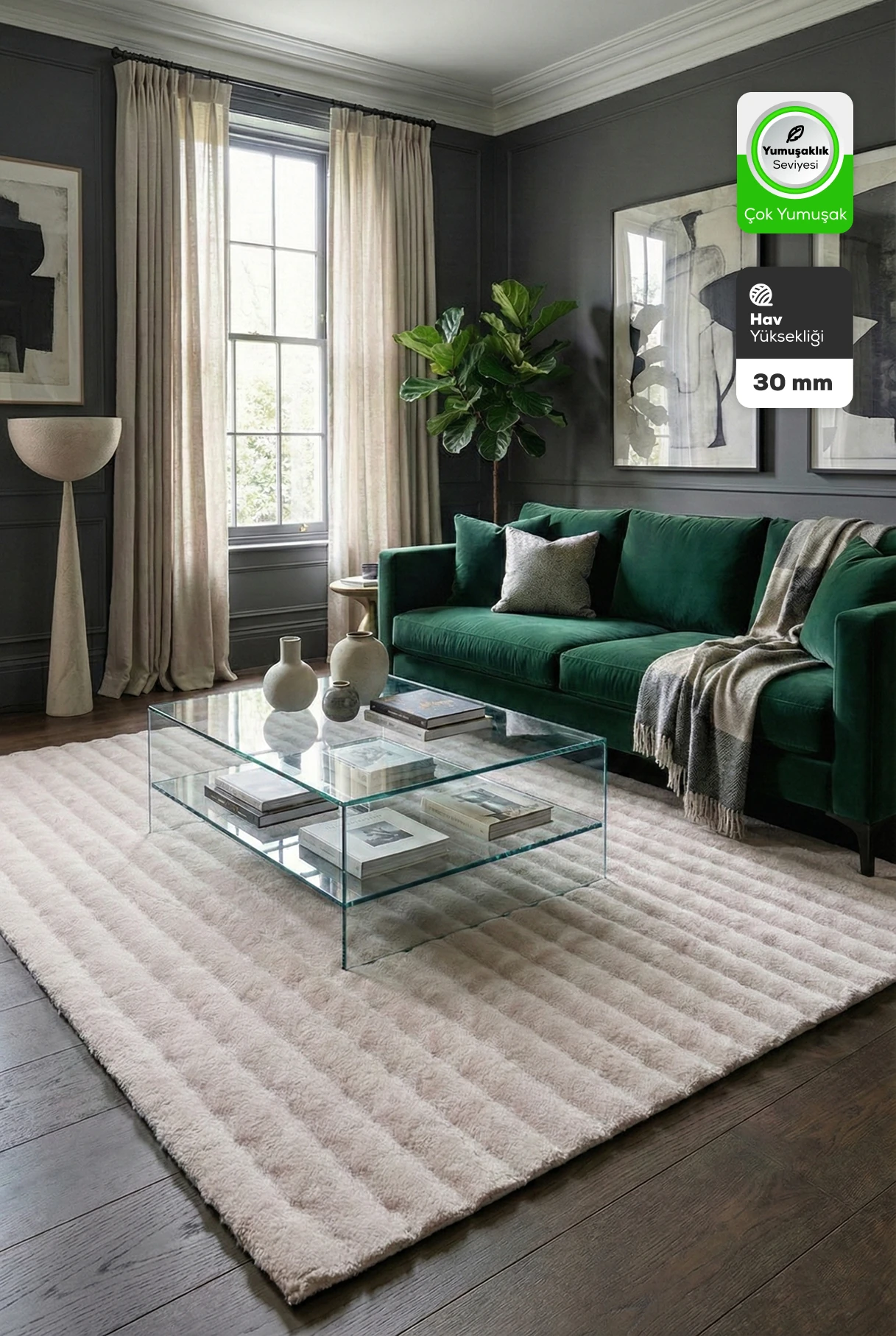 Bej Tavşan Tüyü Yumuşak Bubble Kaymaz Özel Taban Peluş Halı Yolluk