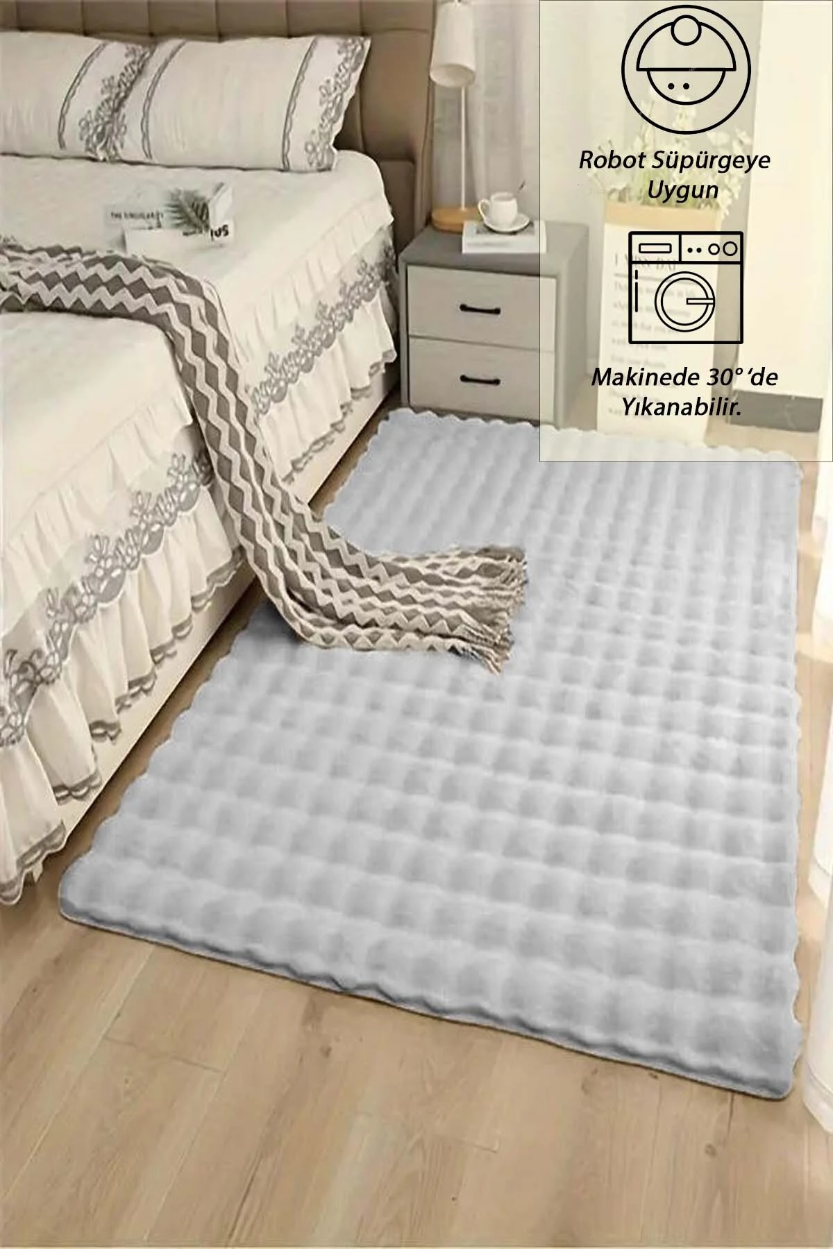 Eco Açık Gri Yumuşak Kesme Yolluk Kaymaz Taban Yumuşak Peluş Halı