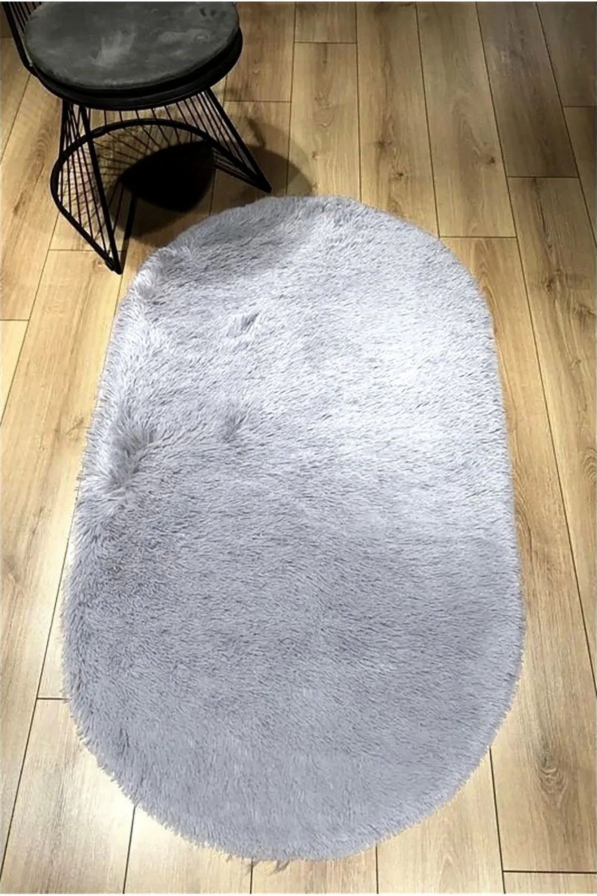 Oval Kesme Yolluk Kaymaz Taban Kalın Yumuşak Peluş Halı Özel Taban Açık Gri