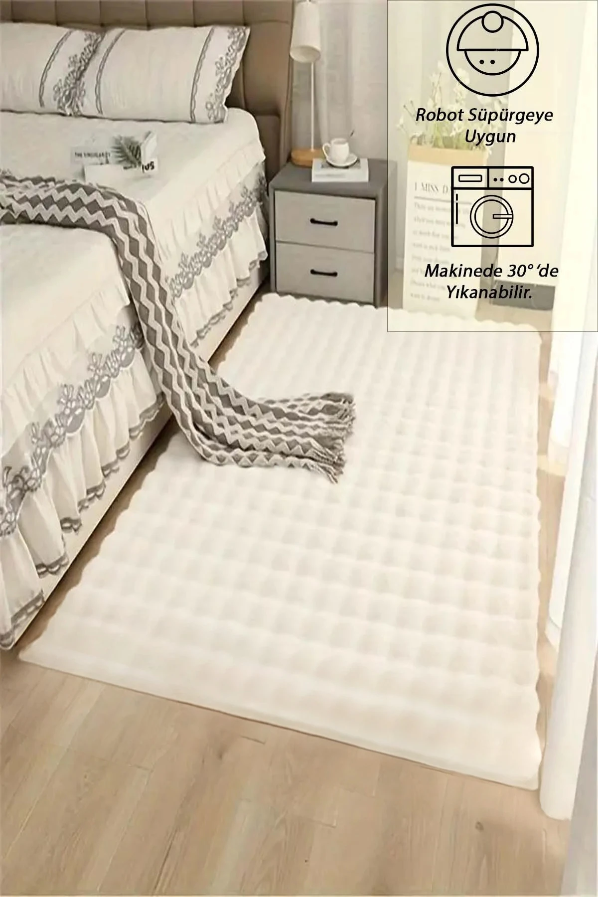 Eco Krem Yumuşak Kesme Yolluk Kaymaz Taban Yumuşak Peluş Halı