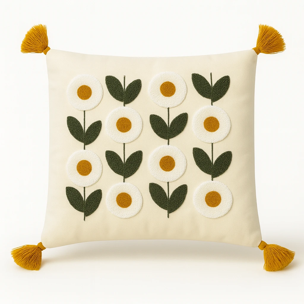 2 Adet Set Saçaklı Yumuşak Punch İşlemeli Kırlent Yastık Kılıfı Terletmez (2 Adet 43x43) - papatya model4