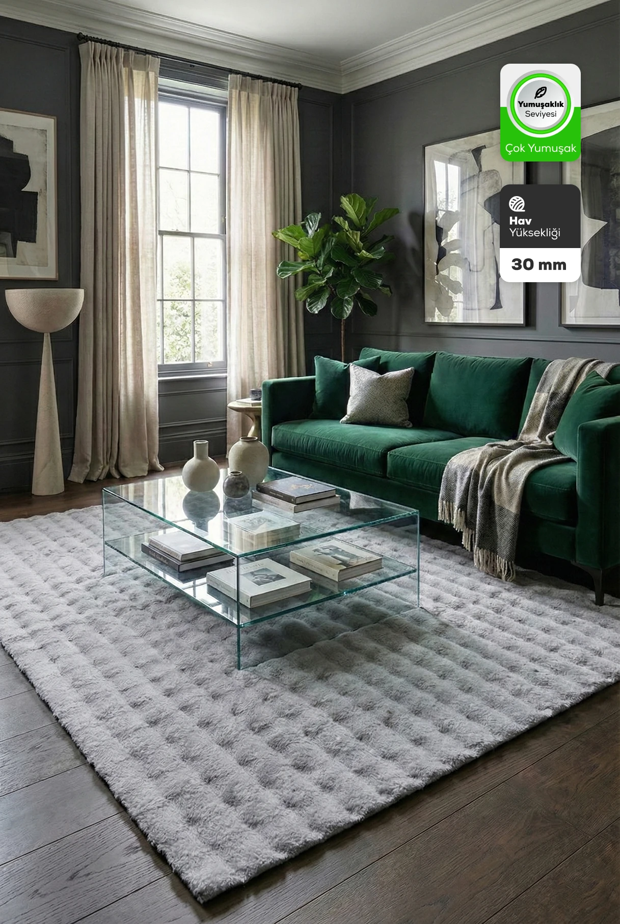 Gümüş Tavşan Tüyü Yumuşak Bubble Kaymaz Özel Taban Peluş Halı Yolluk