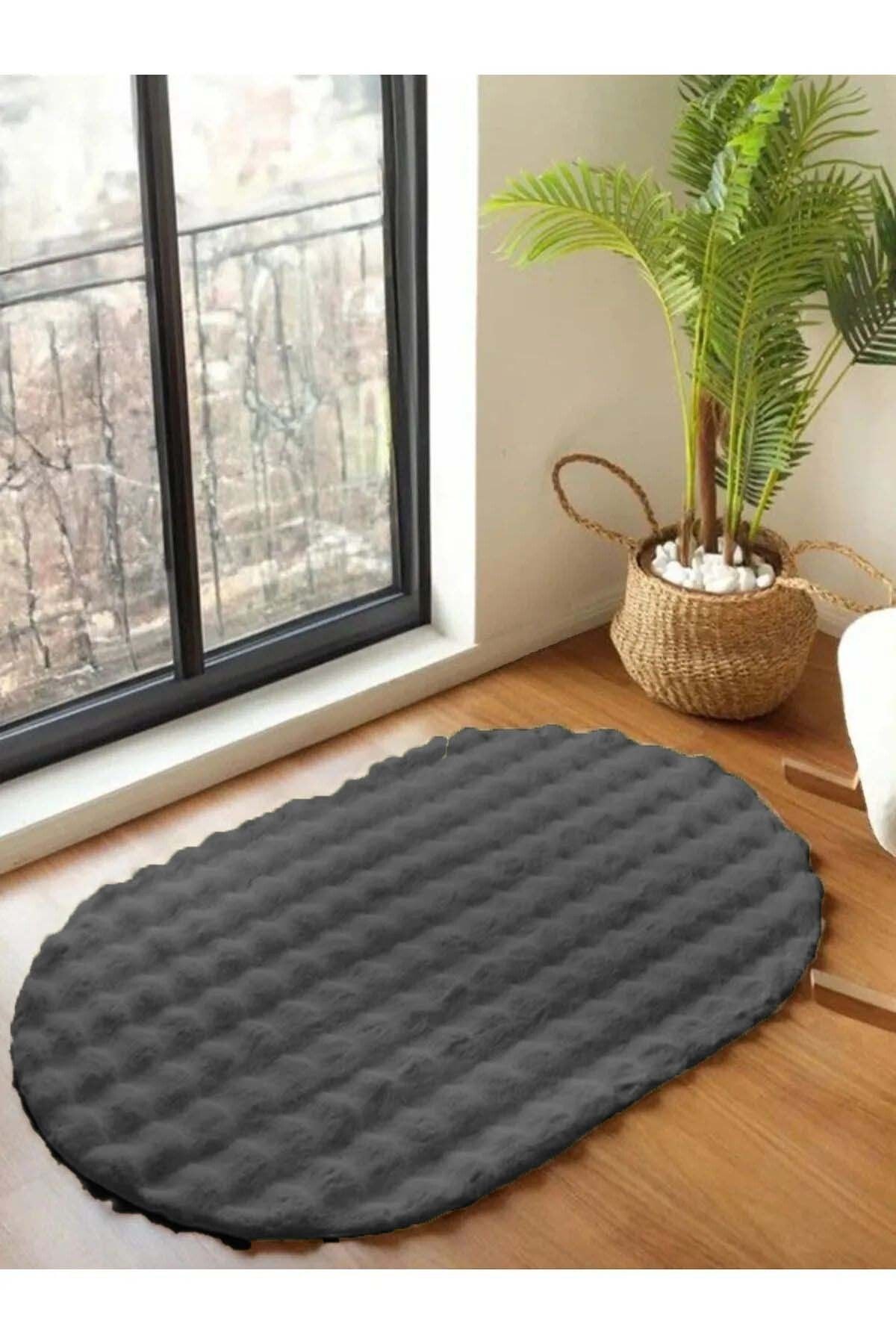 Koyu Gri Yumuşak Bubble Kaymaz Özel Taban Oval Peluş Halı Yolluk