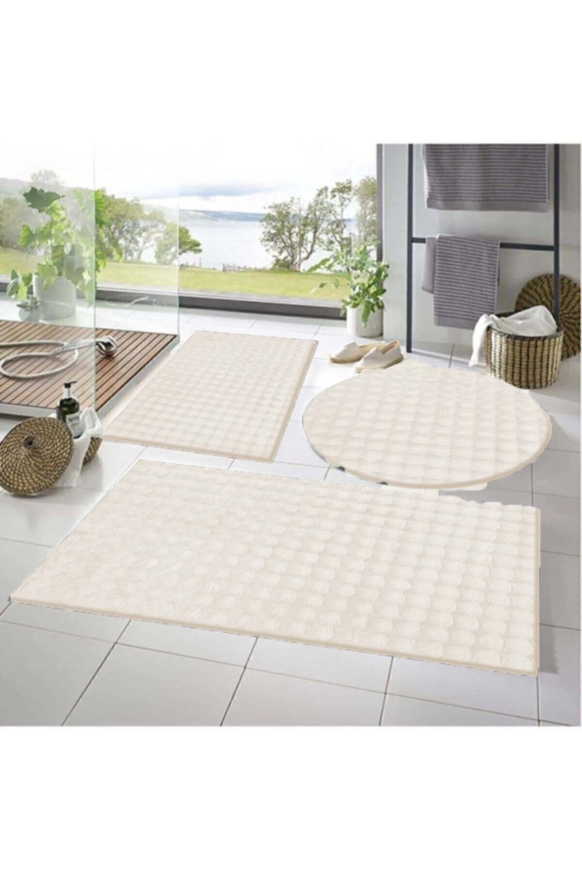Balat Hal 3'lü Kaymaz Taban Bubble Peluş Banyo Paspası Açık Gri 50x50(YUVARLAK)-50x60 Ve 50x90