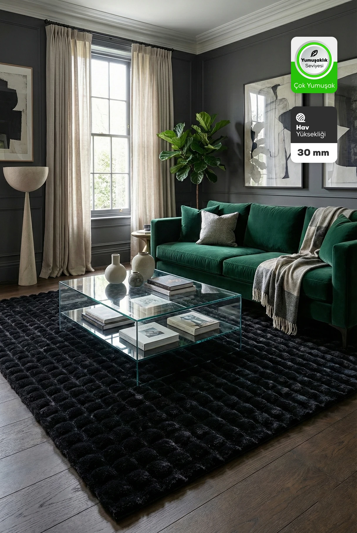 Siyah Tavşan Tüyü Yumuşak Bubble Kaymaz Özel Taban Peluş Halı Yolluk