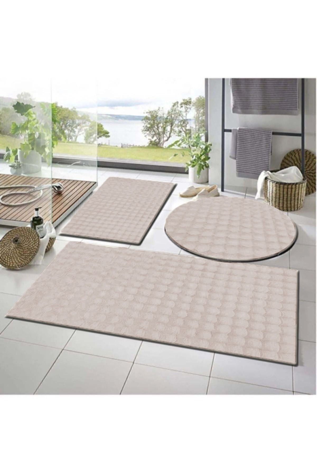 Balat Hal 3'lü Kaymaz Taban Bubble Peluş Banyo Paspası Açık Gri 50x50(YUVARLAK)-50x60 Ve 50x90