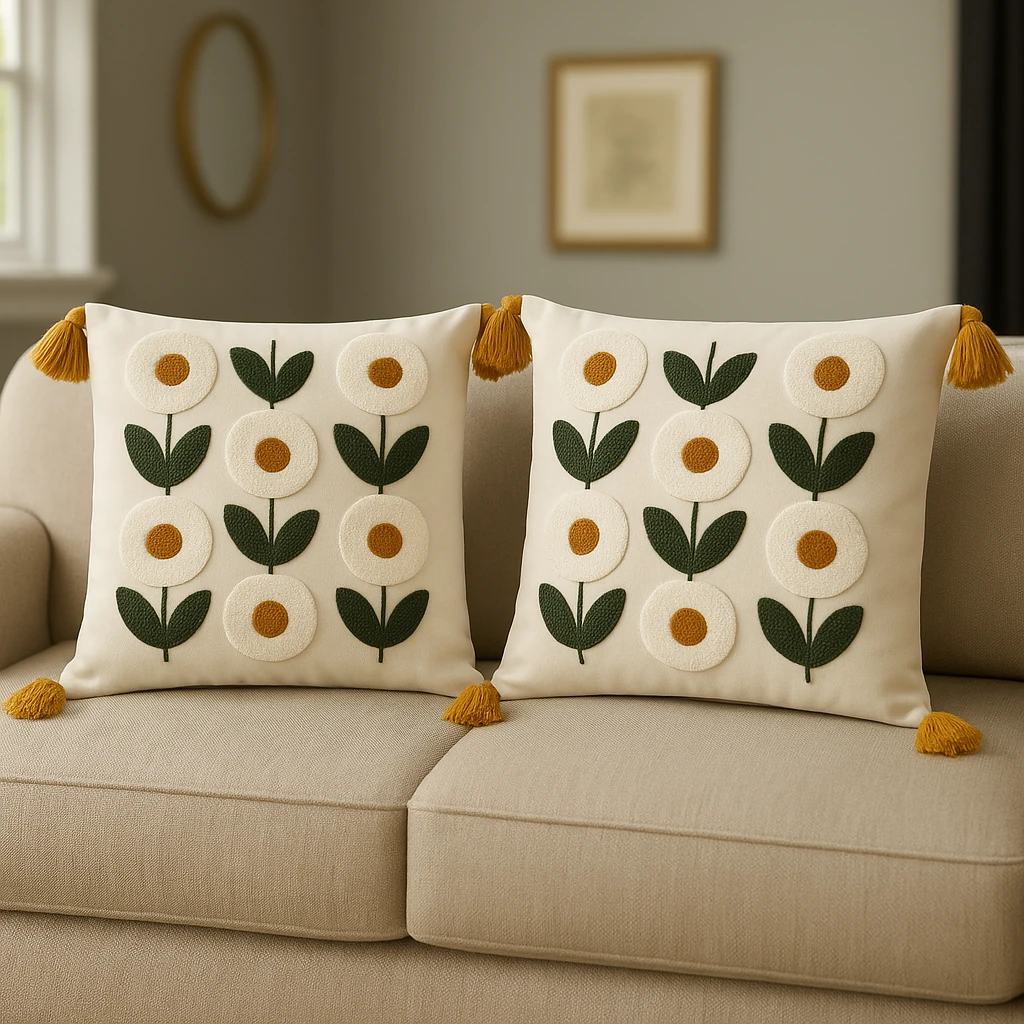 2 Adet Set Saçaklı Yumuşak Punch İşlemeli Kırlent Yastık Kılıfı Terletmez (2 Adet 43x43) - papatya model4