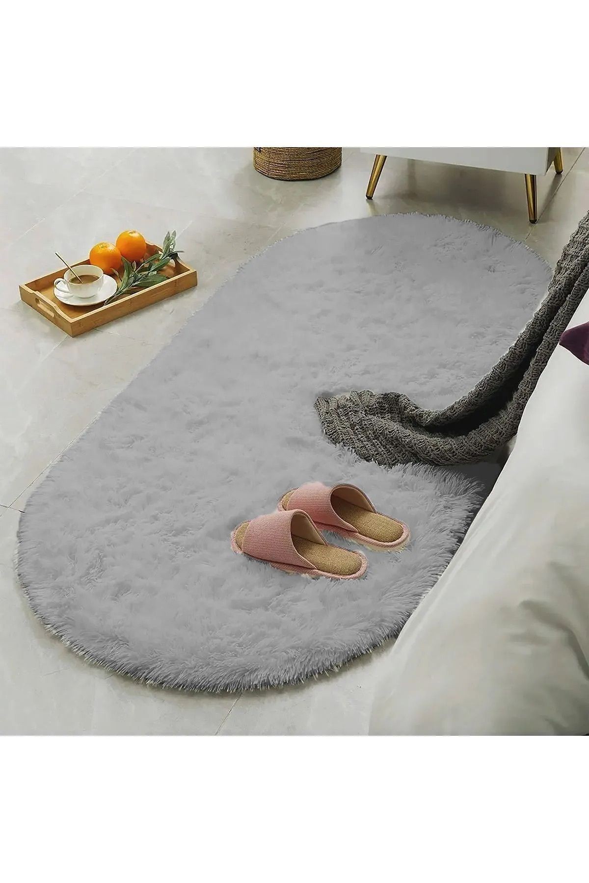 Oval Kesme Yolluk Kaymaz Taban Kalın Yumuşak Peluş Halı Özel Taban Açık Gri