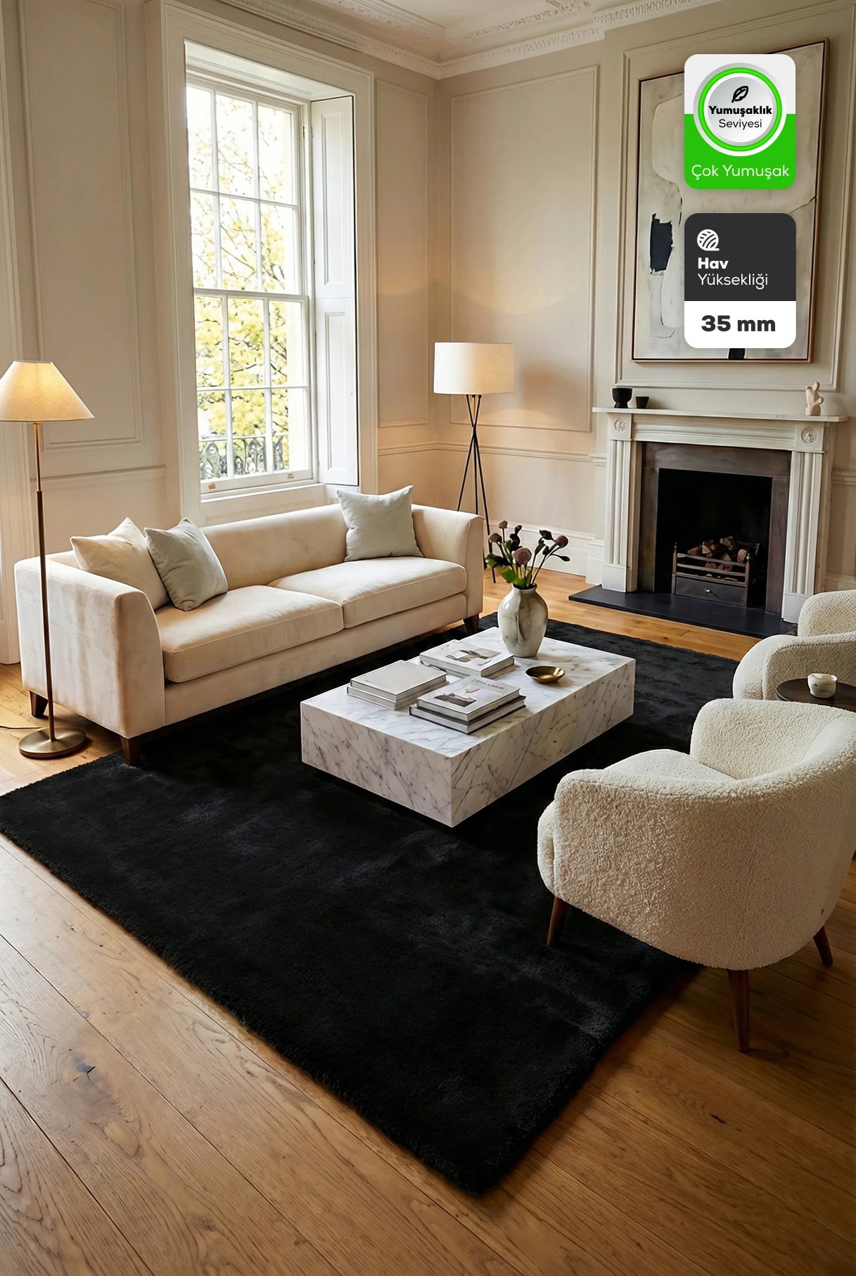 Siyah Tavşan Tüyü Yumuşak Kaymaz Özel Taban Peluş Halı Yolluk