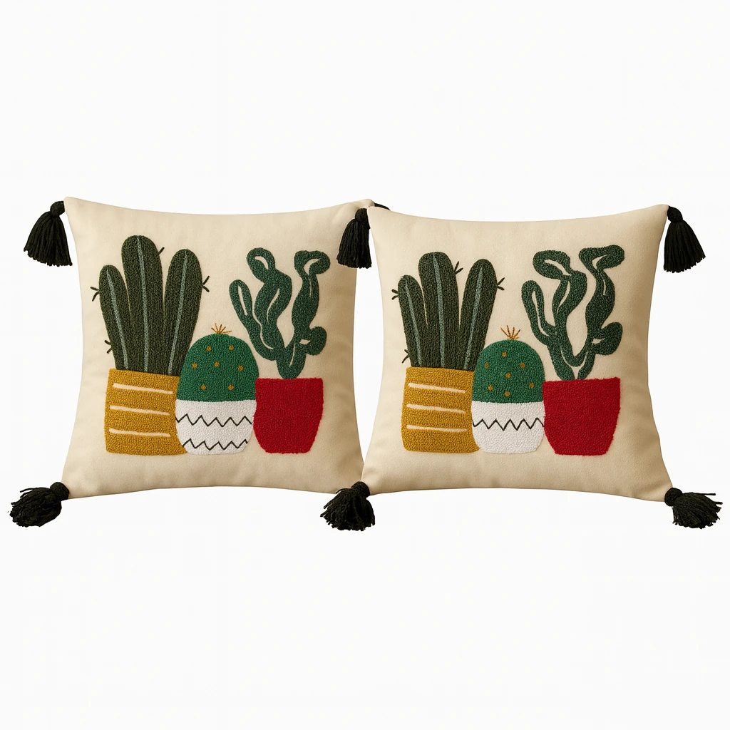 2 Adet Set Saçaklı Yumuşak Punch İşlemeli Kırlent Yastık Kılıfı Terletmez (2 Adet 43x43) - kaktüs model2