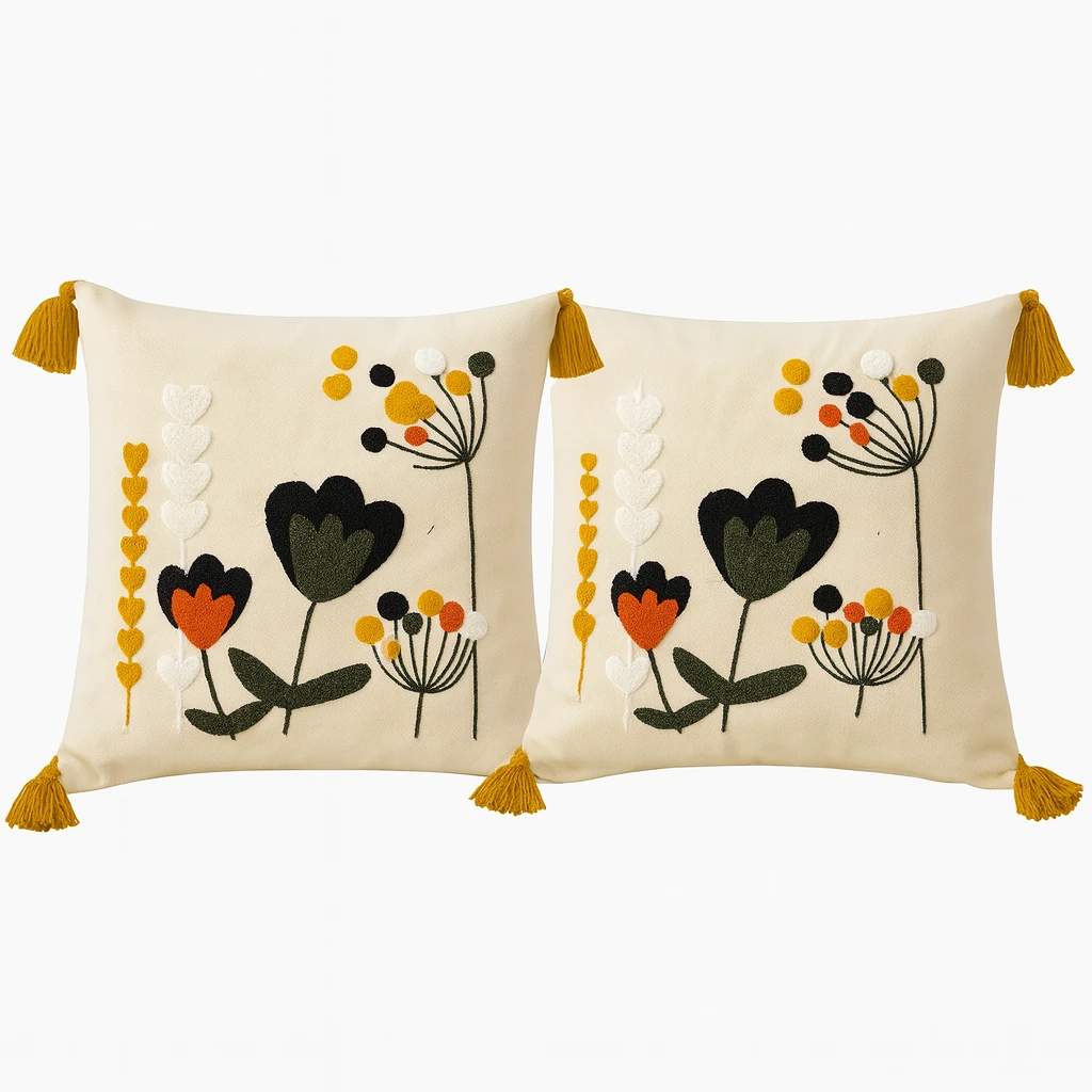 2 Adet Set Saçaklı Yumuşak Punch İşlemeli Kırlent Yastık Kılıfı Terletmez (2 Adet 43x43) - Yaprak model3