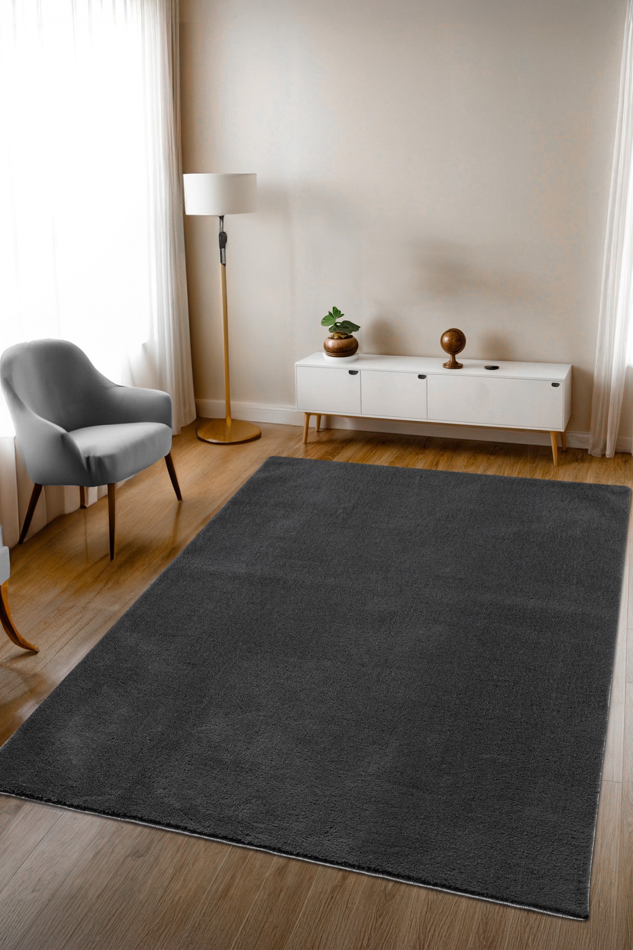 Antrasit Yumuşak  Kaymaz Özel Taban Peluş Halı Yolluk