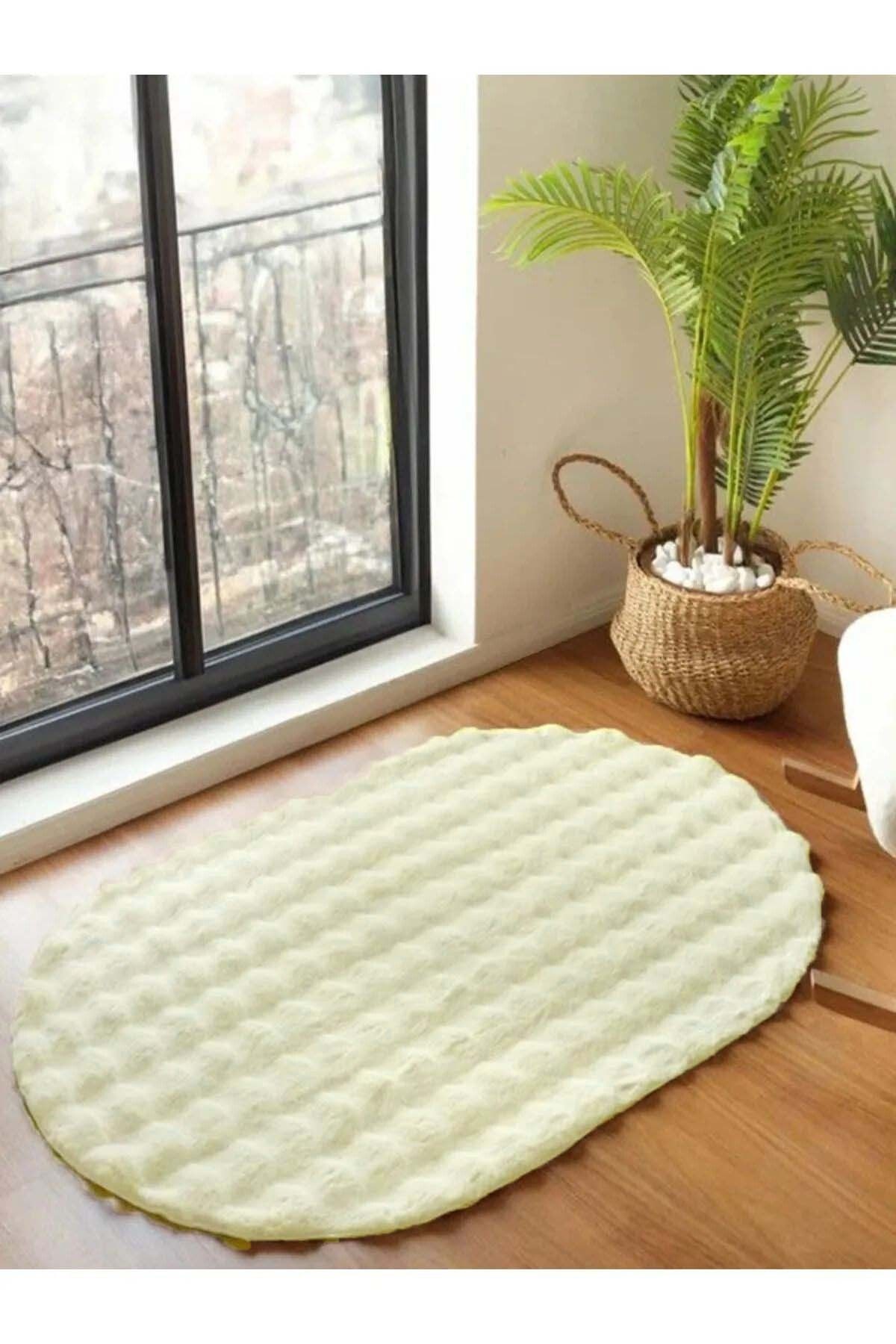 Krem Yumuşak Bubble Kaymaz Özel Taban Oval Peluş Halı Yolluk