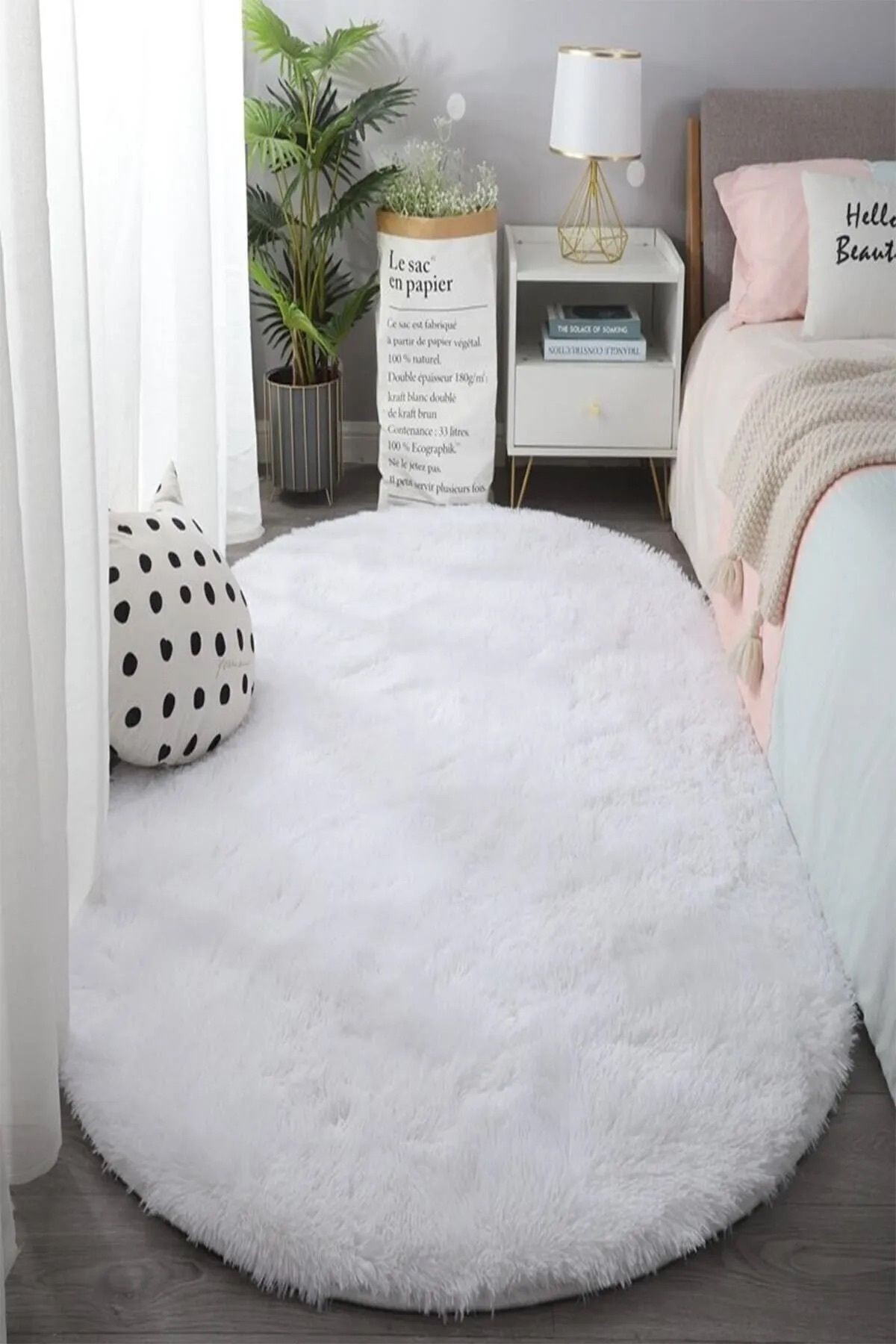 Oval Kesme Yolluk Kaymaz Taban Kalın Yumuşak Peluş Halı Özel Taban Beyaz