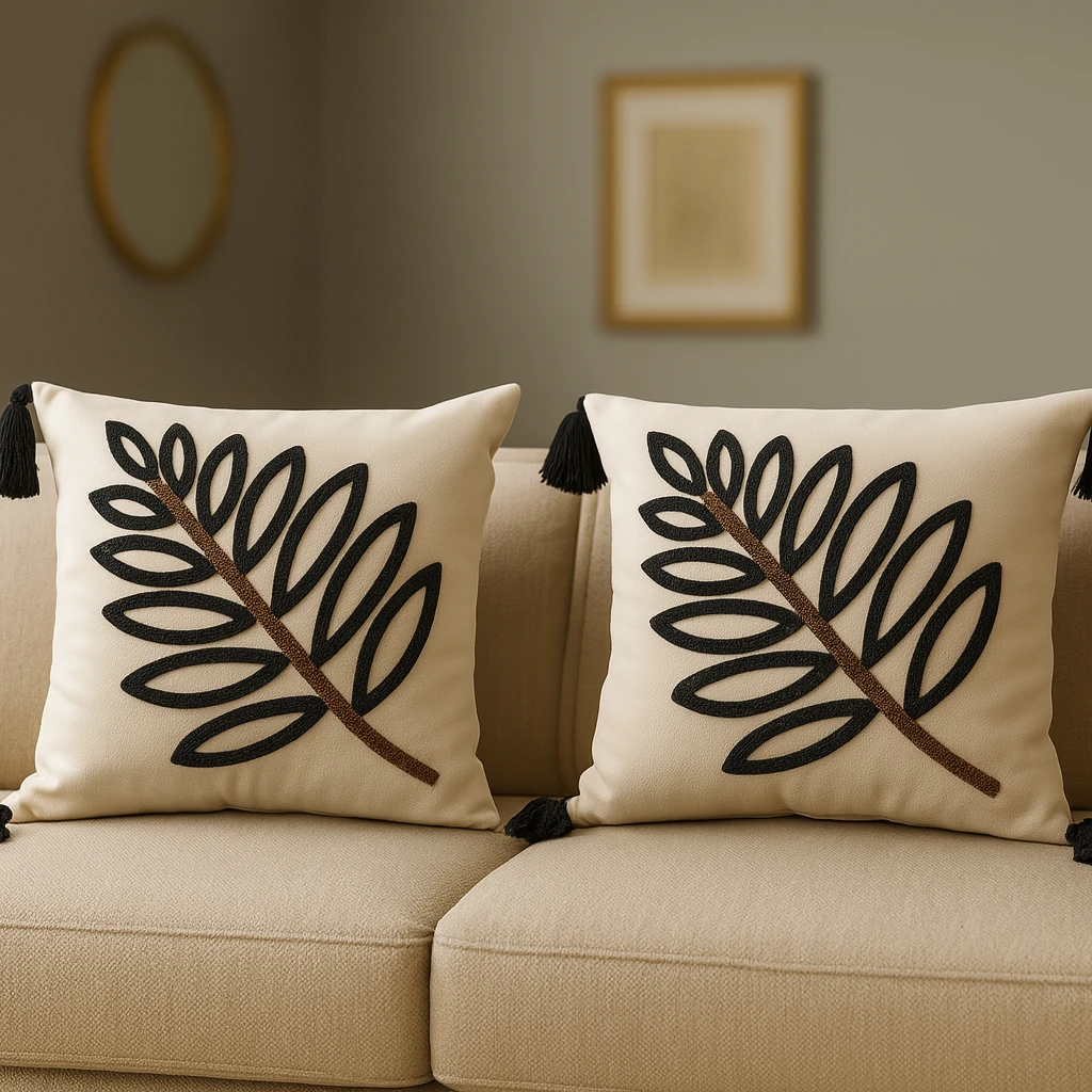 2 Adet Set Saçaklı Yumuşak Punch İşlemeli Kırlent Yastık Kılıfı Terletmez (2 Adet 43x43) - yeşil yaprak model5