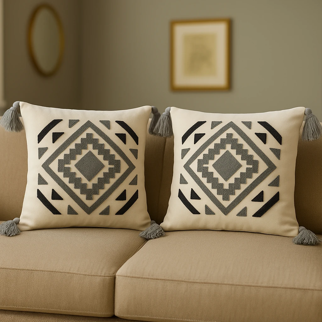 2 Adet Set Saçaklı Yumuşak Punch İşlemeli Kırlent Yastık Kılıfı Terletmez (2 Adet 43x43) - geometrik model7