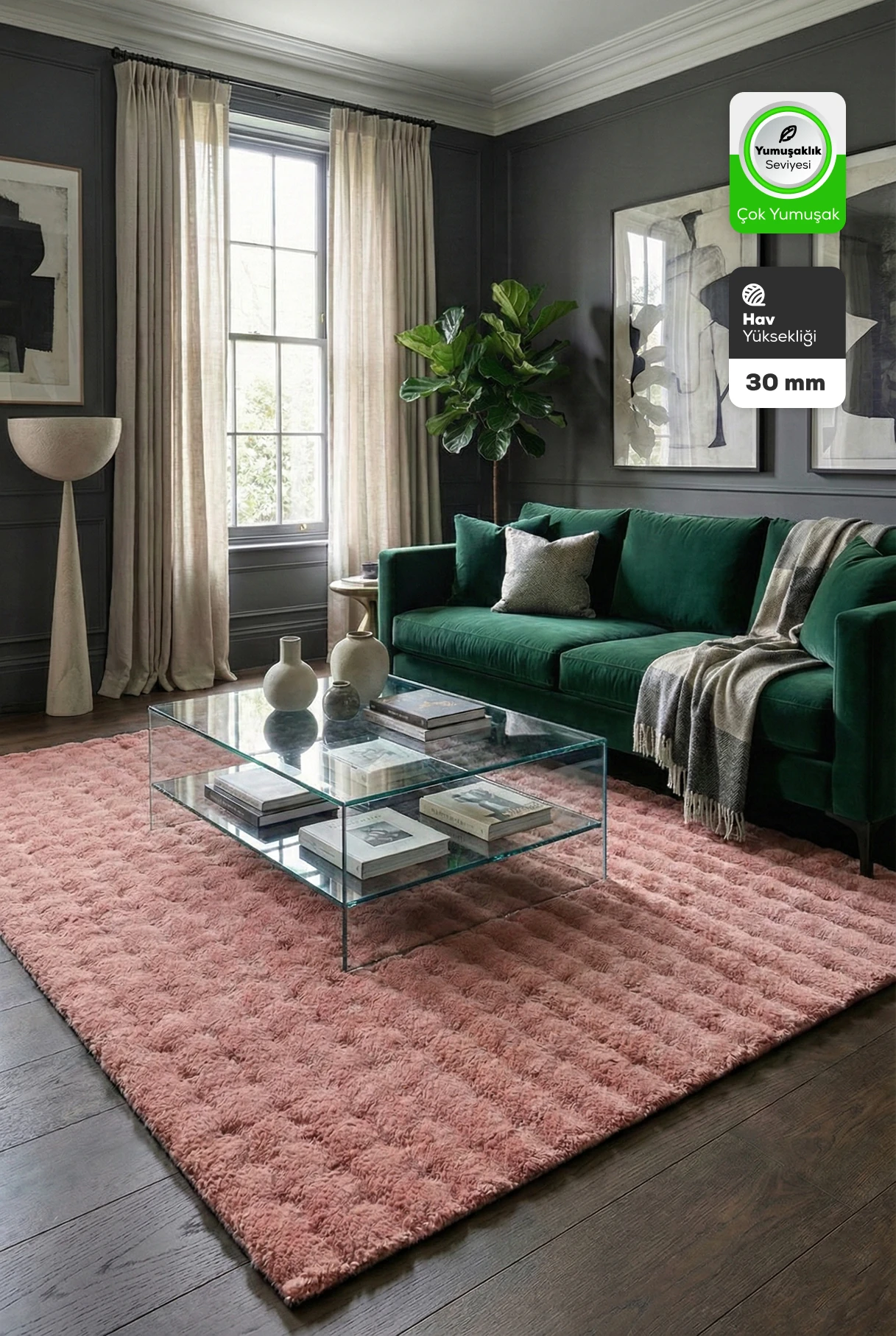 Rose Tavşan Tüyü Yumuşak Bubble Kaymaz Özel Taban Peluş Halı Yolluk