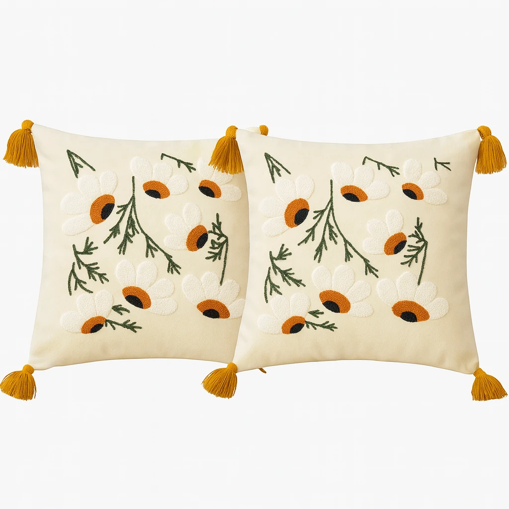 2 Adet Set Saçaklı Yumuşak Punch İşlemeli Kırlent Yastık Kılıfı Terletmez (2 Adet 43x43) - papatya model6