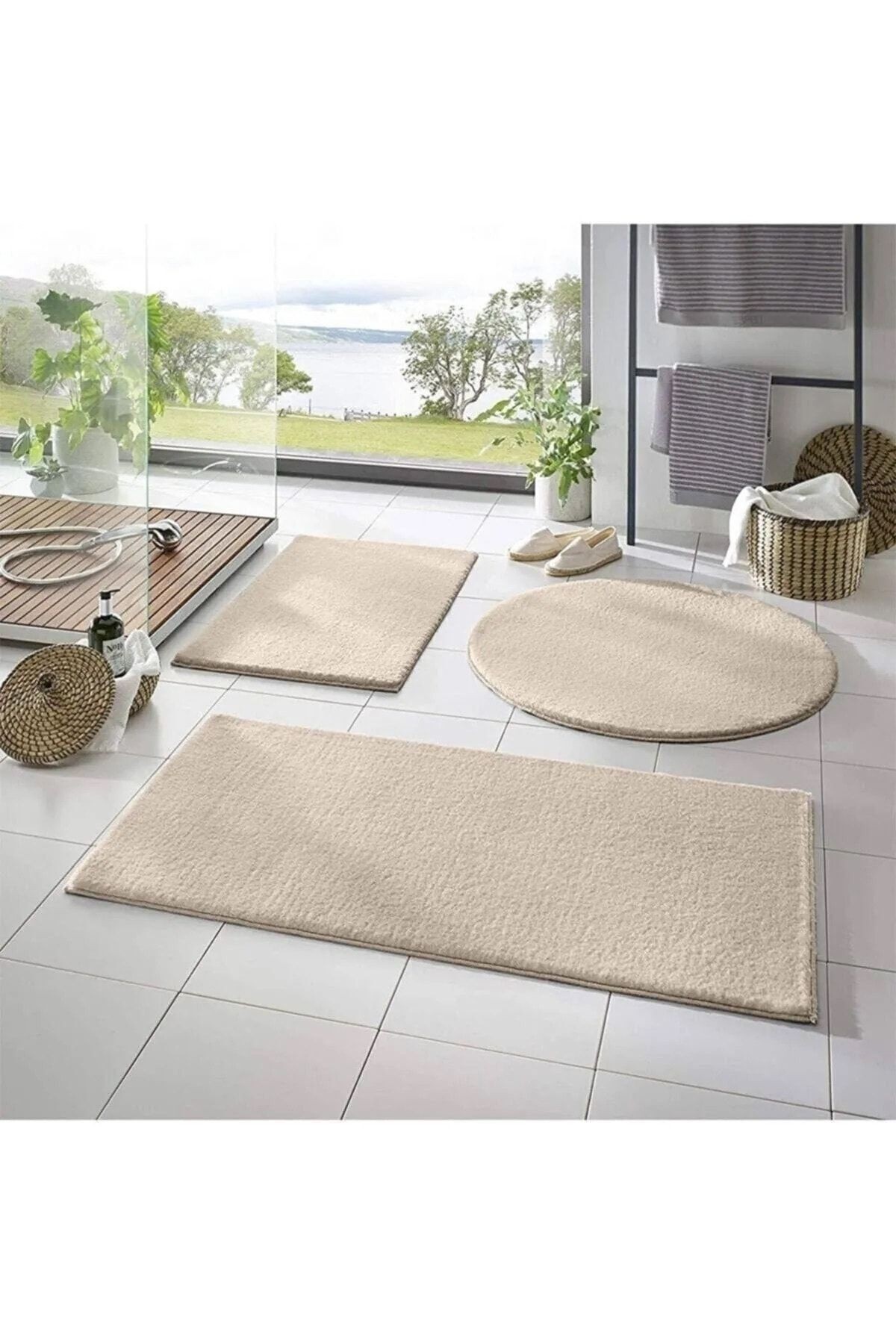 3 ' lü Banyo Paspası Desenli Peluş Kahverengi - Gri Banyo Halısı Peluş Banyo Paspası