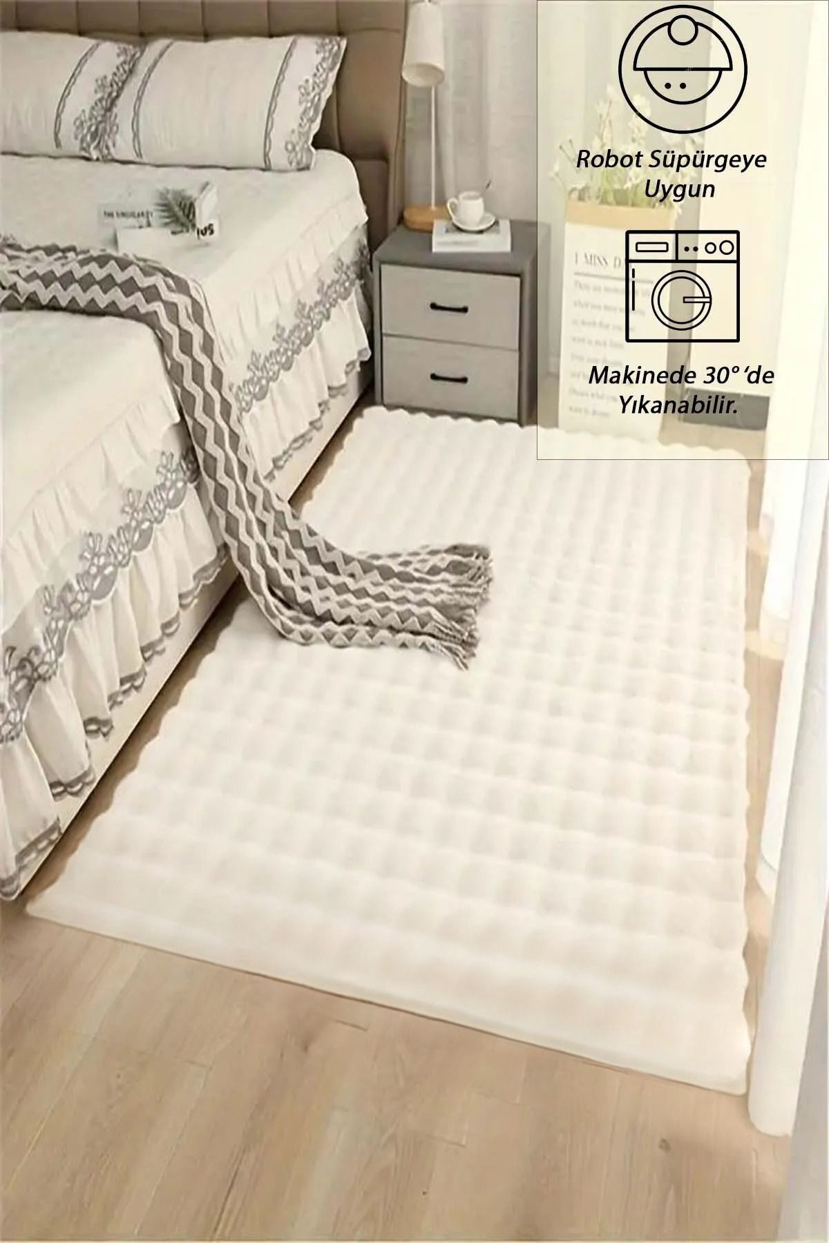 Krem Yumuşak Bubble Kaymaz Özel Taban Peluş Halı Yolluk