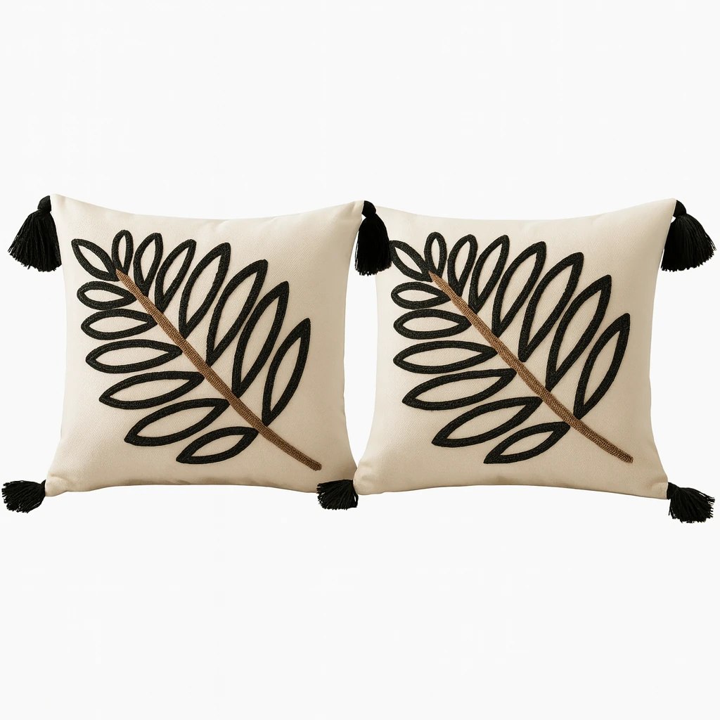 2 Adet Set Saçaklı Yumuşak Punch İşlemeli Kırlent Yastık Kılıfı Terletmez (2 Adet 43x43) - yeşil yaprak model5