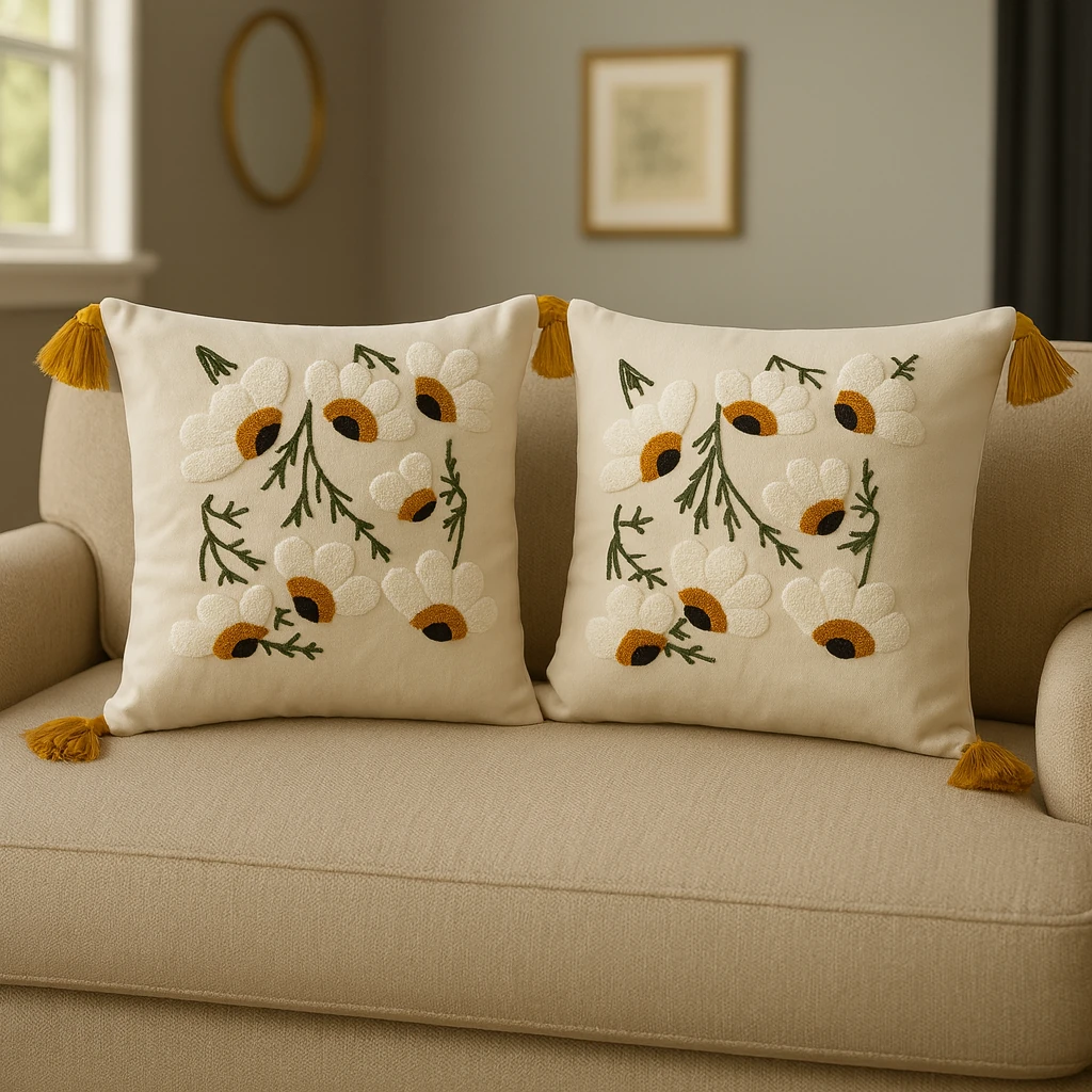 2 Adet Set Saçaklı Yumuşak Punch İşlemeli Kırlent Yastık Kılıfı Terletmez (2 Adet 43x43) - papatya model6