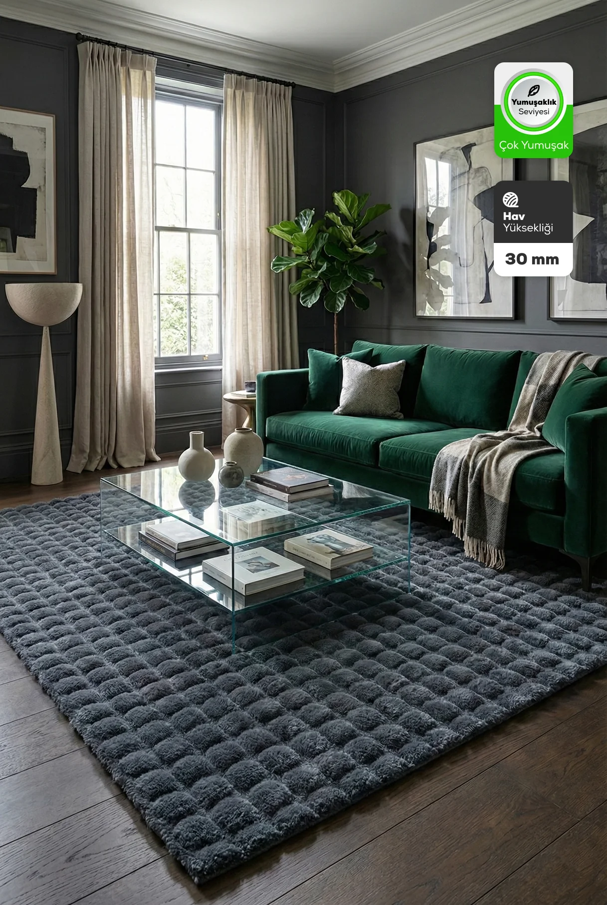 Antrasit Tavşan Tüyü Yumuşak Bubble Kaymaz Özel Taban Peluş Halı Yolluk