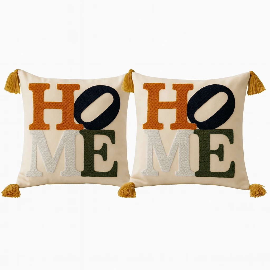 2 Adet Set Saçaklı Yumuşak Punch İşlemeli Kırlent Yastık Kılıfı Terletmez (2 Adet 43x43)