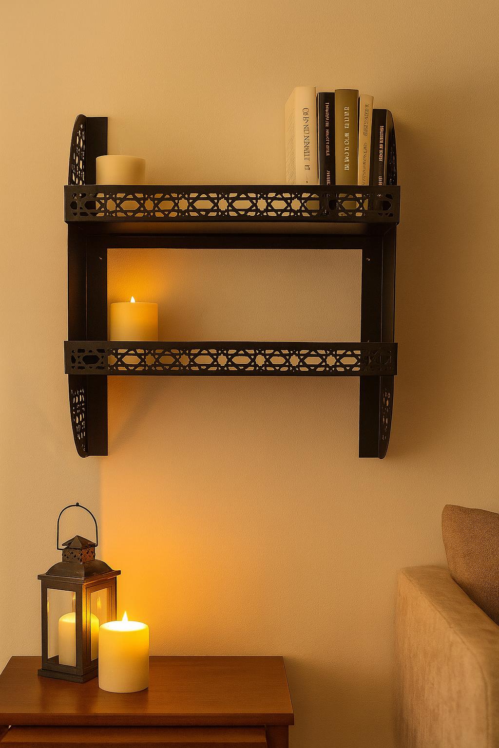 Metal Desenli Duvar Rafı – 2 Katlı, Siyah