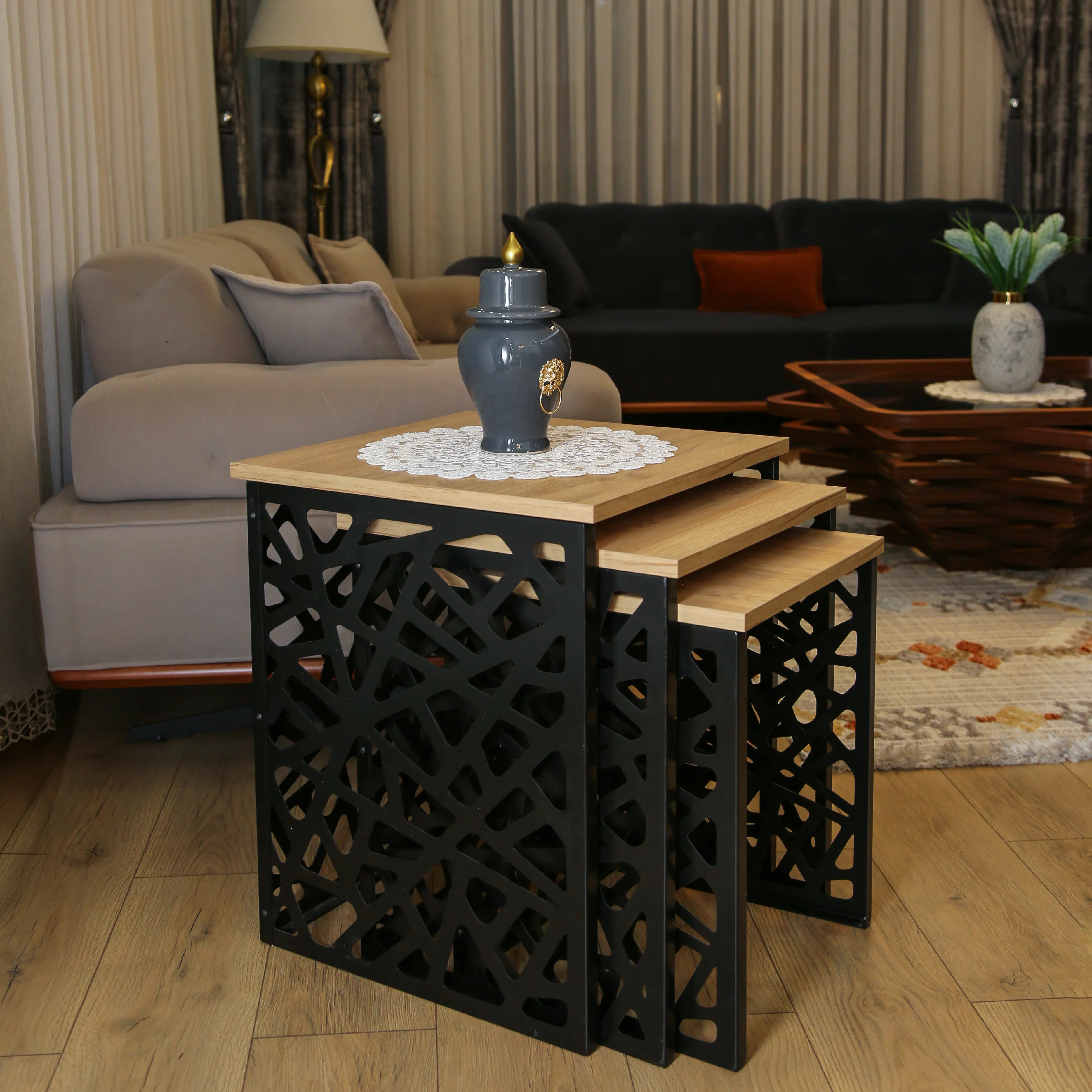 3 Lü Zigon Sehpa Doğal Ahşap