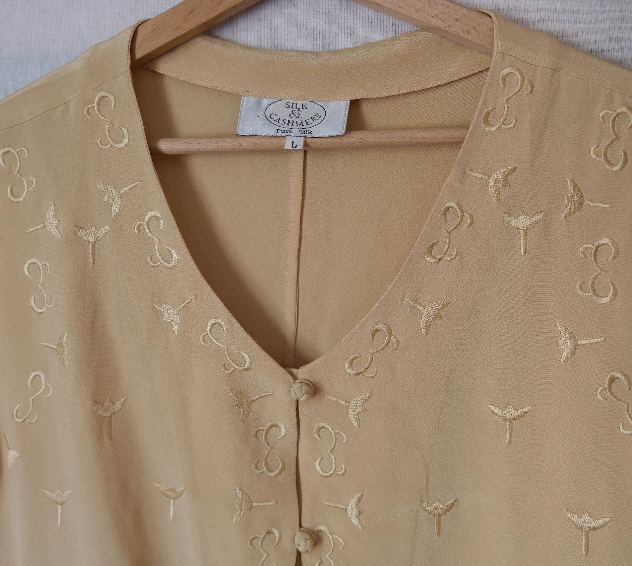 80's Ivory Silk Embroidered Button Down Blouse