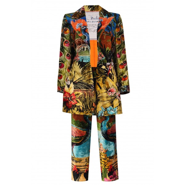 Peacock Patterned Antique Certified Silk Carpet Jacket-Trousers Set (Special Order-Custom Made)